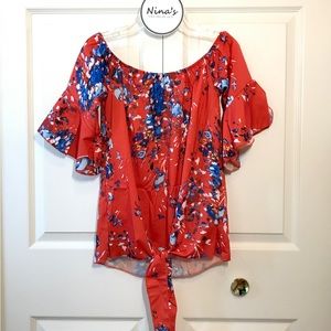 Tie Knot 3/4 Bell Sleeve Floral Top Red/Blue Size L